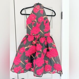 Floral Halter Womens Dress - Red, gold and black